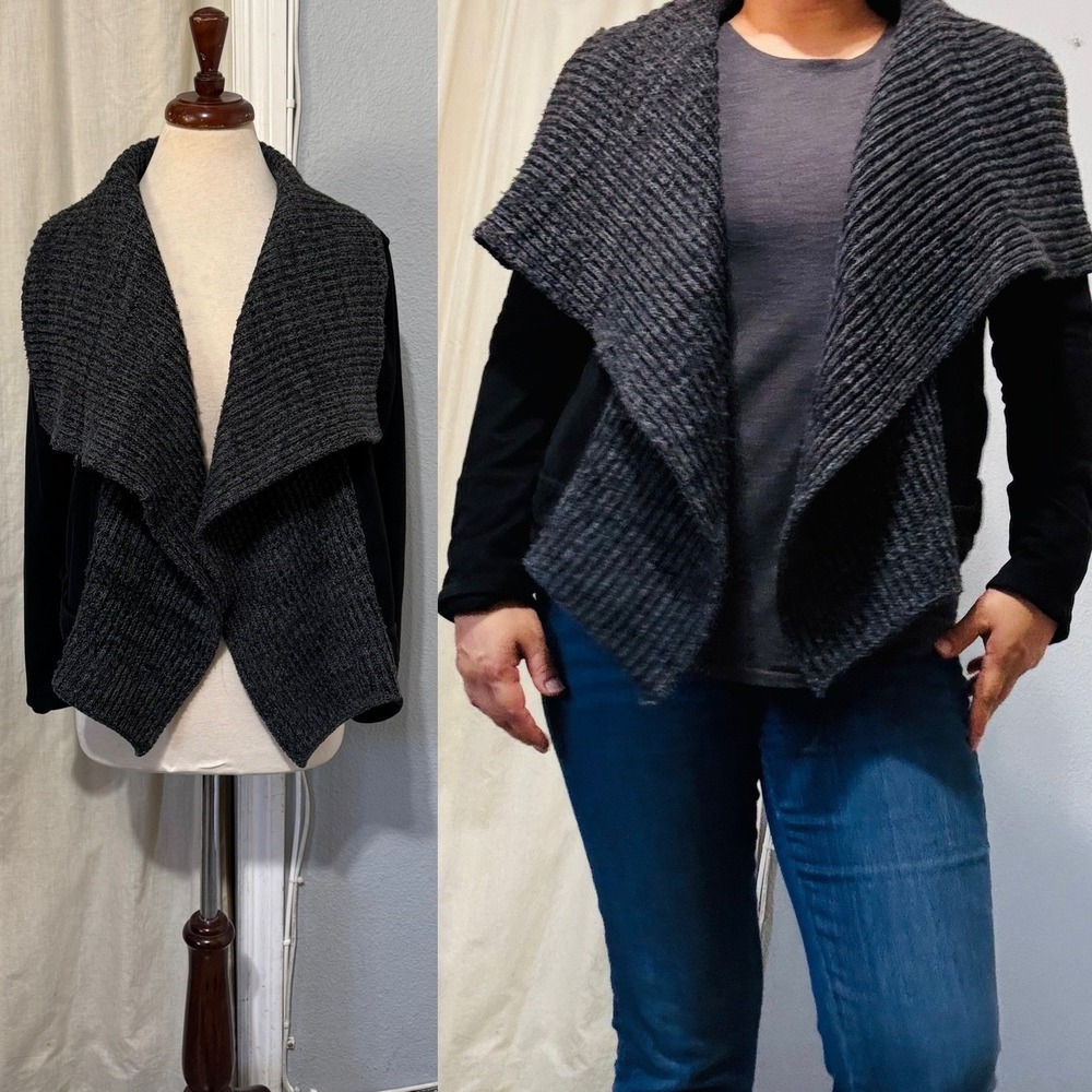 Lush Womens Black Moto Jacket S Charcoal Grey Ribbed Knit Draped Shawl Collar